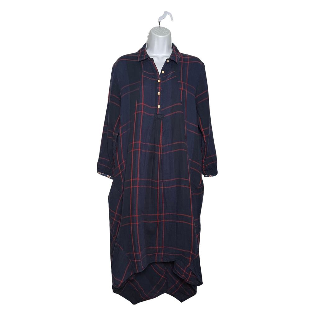 Anthropologie Isabella Sinclair Navy Red Plaid Western Prairie Midi Dress MEDIUM
